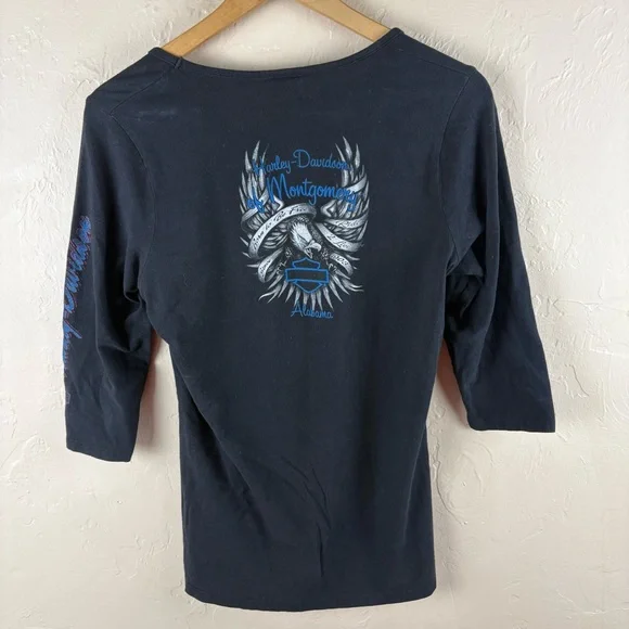 Harley-Davidson Black Fitted Cut Out 3/4 Sleeve Tee Top Montgomery AL Women’s XL - Picture 3 of 6